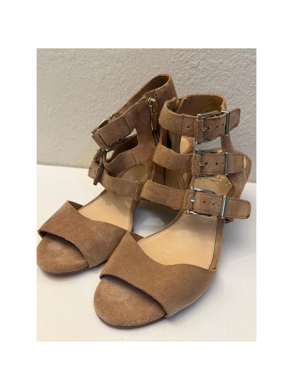 Vince Camuto Brown Suede Buckled Block Heel Sandals, Size 7 (37.5)
